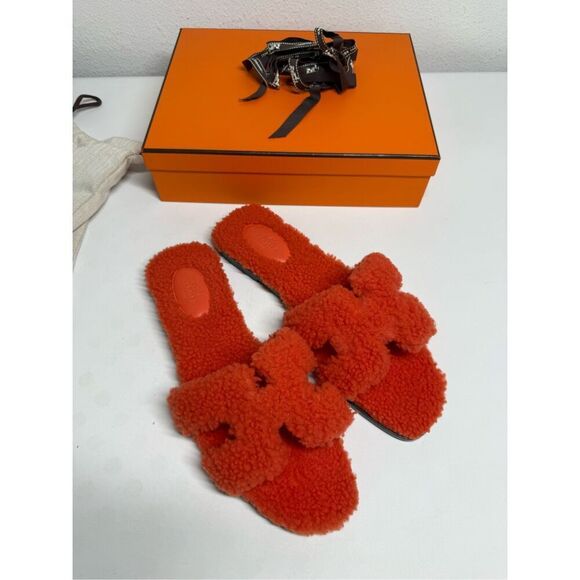 NEW HERMES ORAN SHEARLING WOOL ORANGE SANDALS WOMENS 41,5 EU/ 11 US See Notes - Picture 10 of 16